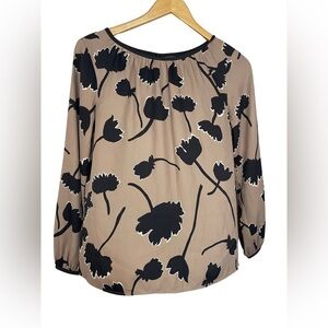 LOFT petite small blouse in a taupey brown and black fabric. Very pretty.